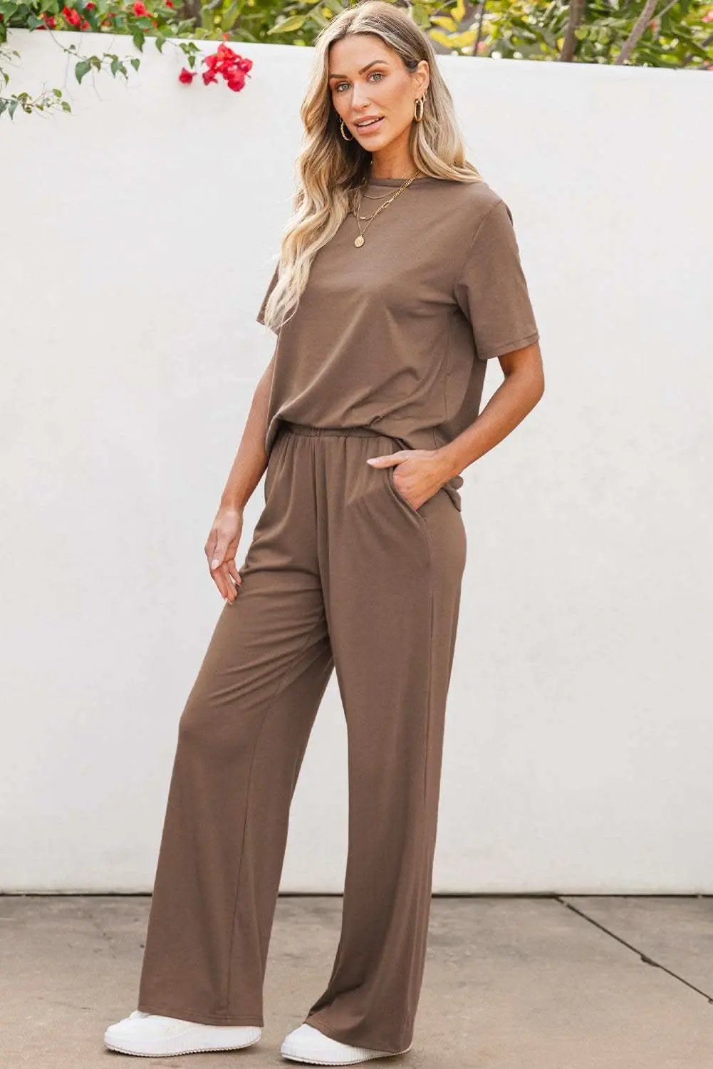 Smoke Gray Solid Color T Shirt 2pcs Wide Leg Pants Set - Love Salve